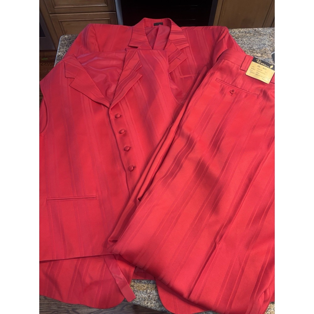 3 Piece Falcone‎ Curtis Vested Suit 50L W42 Red Polyester Formal Mens Raw Hem